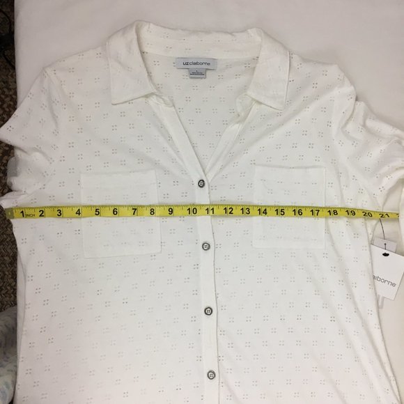 Liz Claiborne Eyelet Roll Cuff Knit Shirt Top Button Up V-Neck - Picture 10 of 12